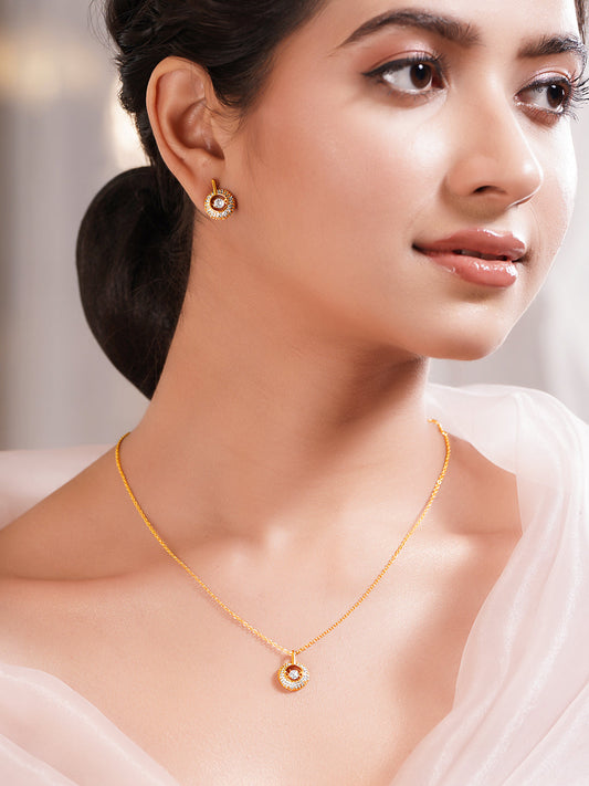 【Rubans】 18K Gold Plated Brass Gold Crystal AD Studded Pendant Necklace Set｜18K ゴールドメッキ クリスタル AD ペンダント ネックレスセット