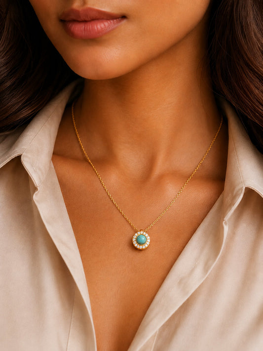 Demi Fine 18K Gold Plated Stainless steel Chain Turquoise Blue Pendant Necklace Length - 22.5 cm
