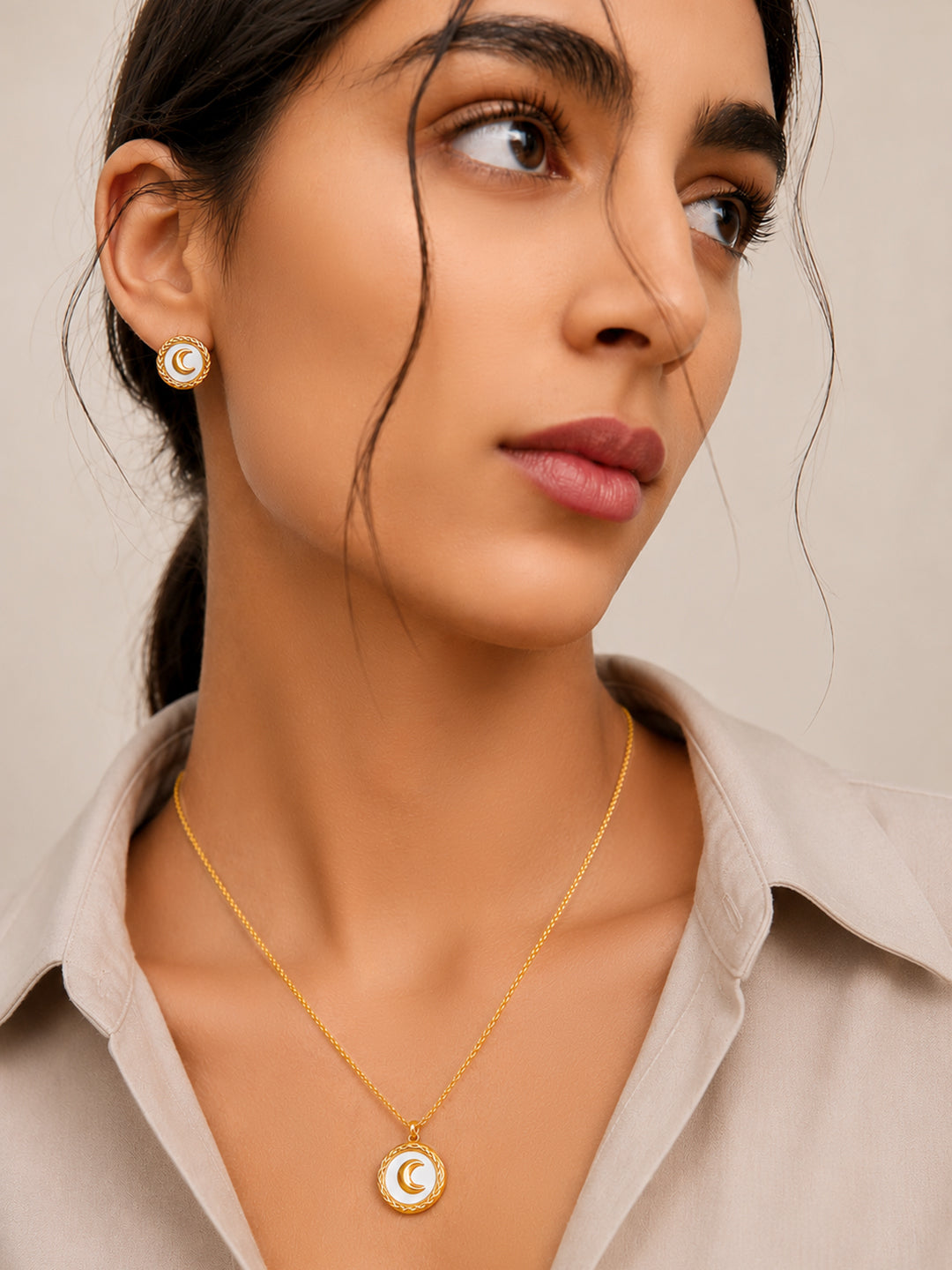 Demi Fine 18k Gold Plated Stainless Steel Moon Motif Pendant Set Necklace Length - 45.5 cm