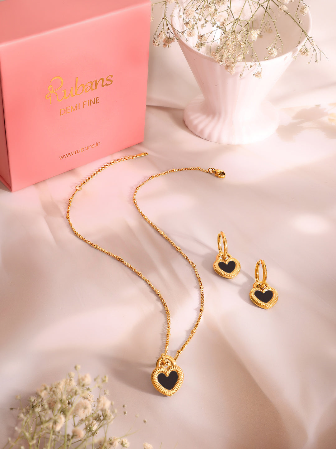 Demi Fine 18k Gold Plated Stainless Steel Reversible Black Heart Pendant Necklace Set Necklace Length - 47 cm