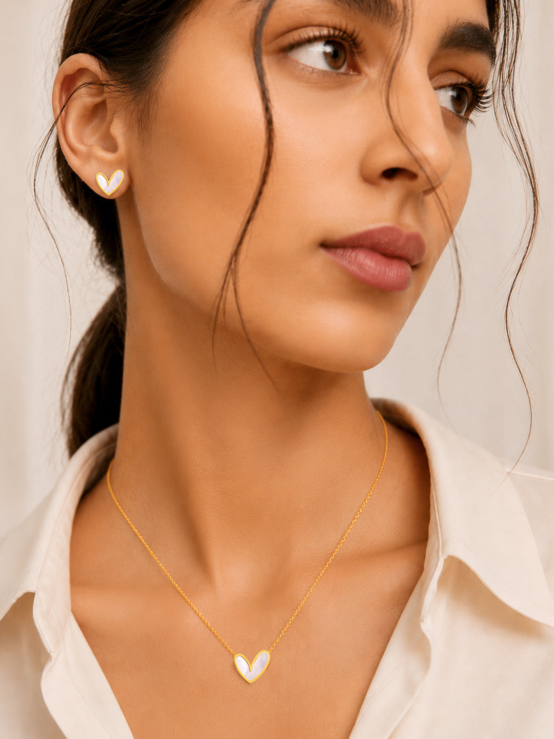 Demi Fine 18k Gold Plated Stainless Steel White Heart Pendant Set Necklace Length - 45.5 cm