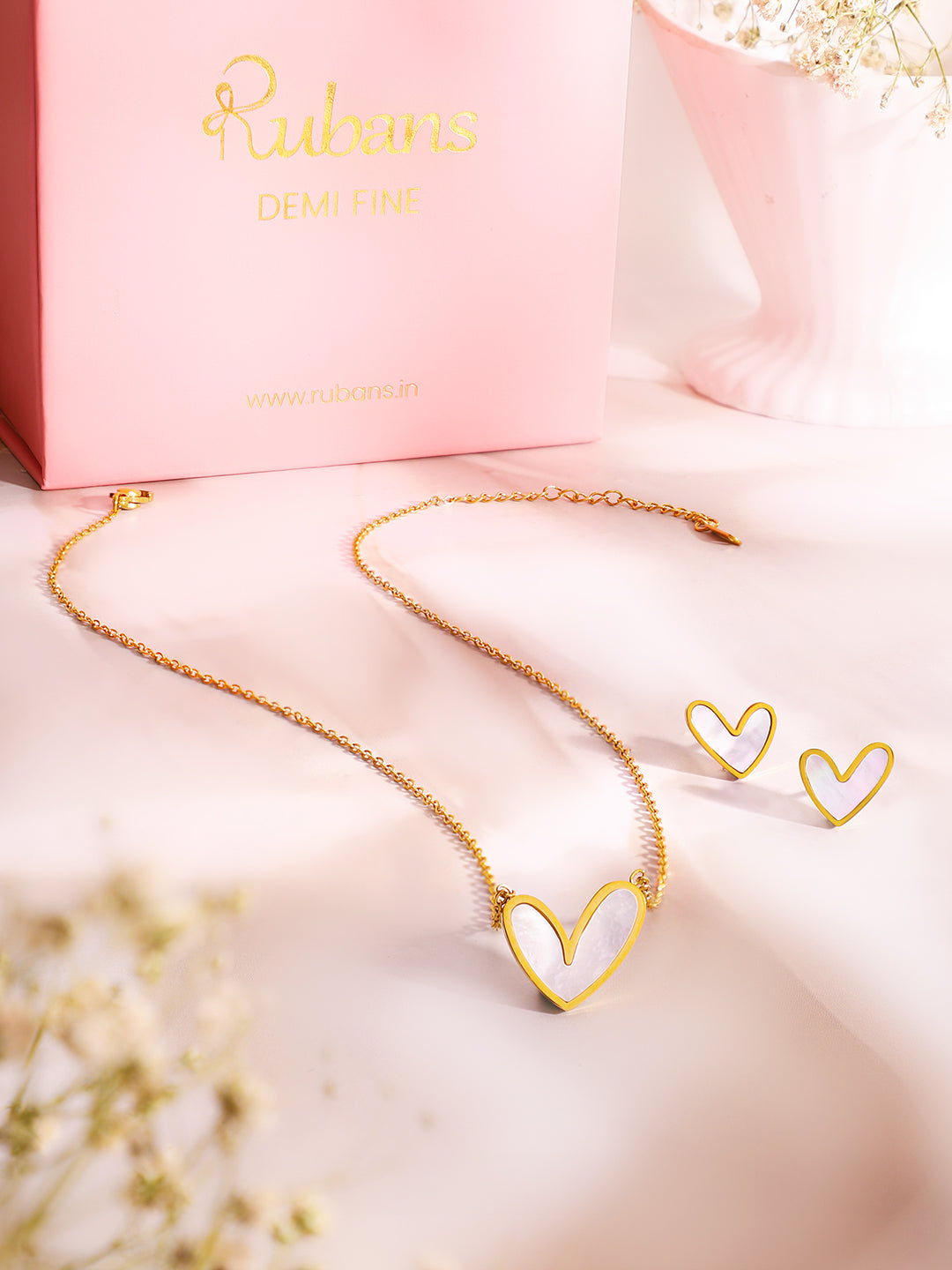 Demi Fine 18k Gold Plated Stainless Steel White Heart Pendant Set Necklace Length - 45.5 cm