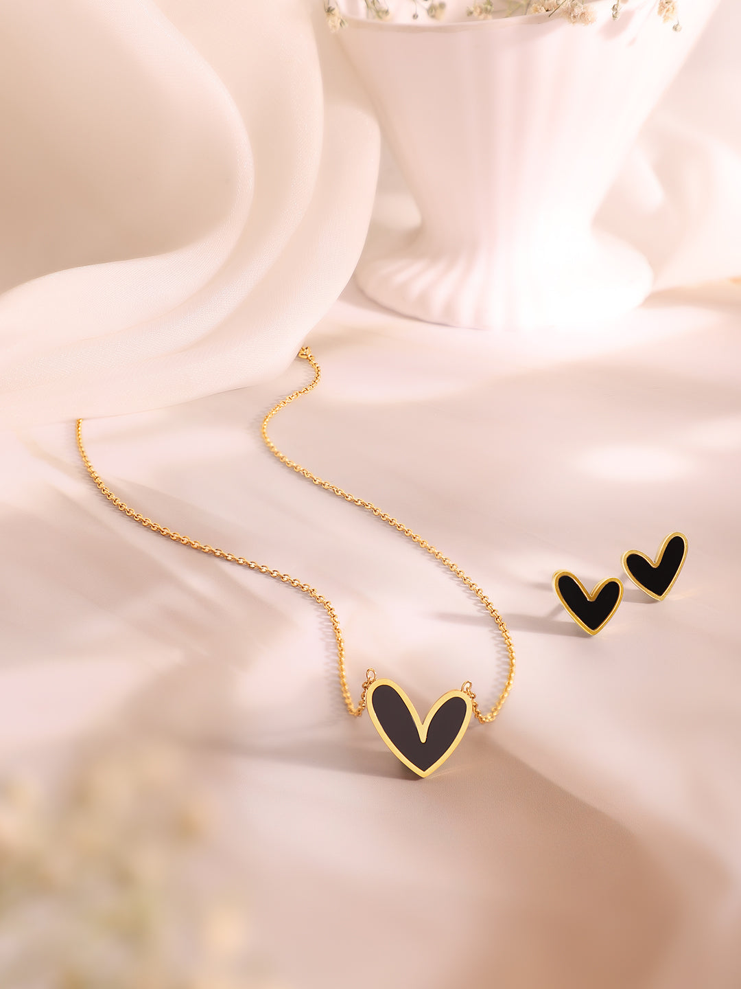 Demi Fine 18K Gold Plated Stainless Steel Black Heart Pendant Set Necklace Length - 47 cm