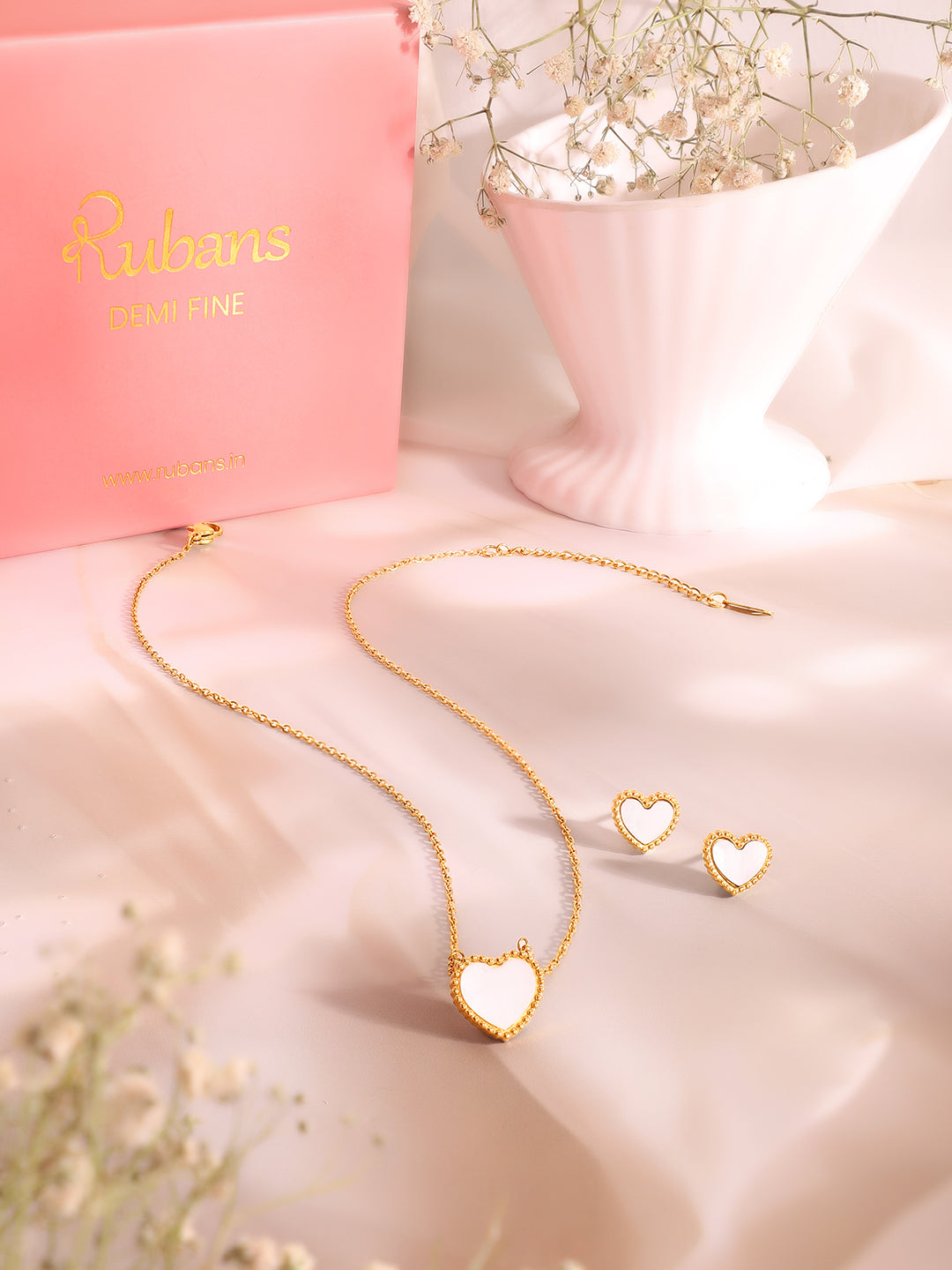 Demi Fine 18K Gold Plated Stainless Steel White Heart Pendant Set Necklace Length - 45.5 cm