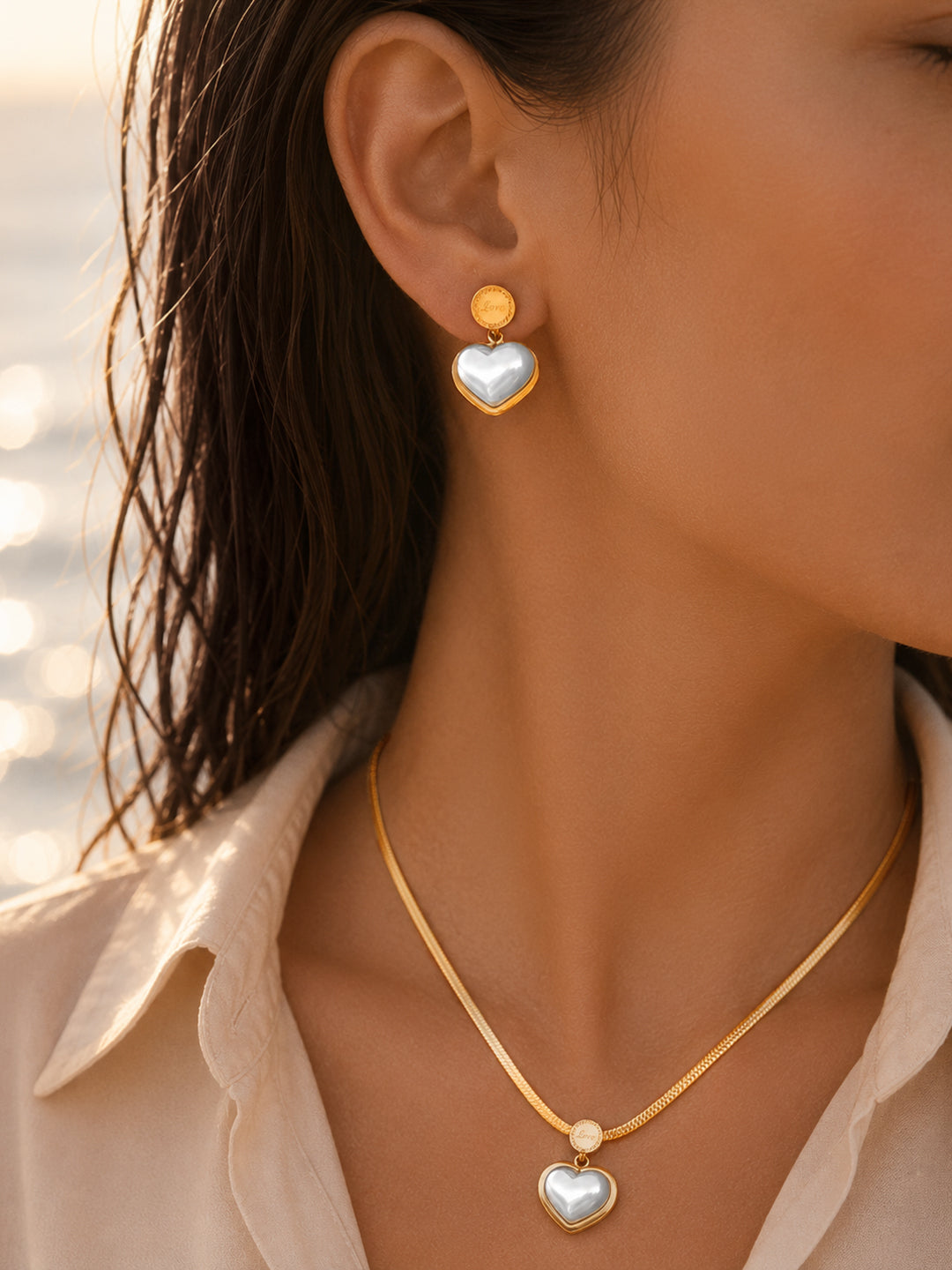 Demi Fine 18K Gold Plated Stainless Steel Pearl Heart Pendant Necklace Set Necklace Length - 44 cm