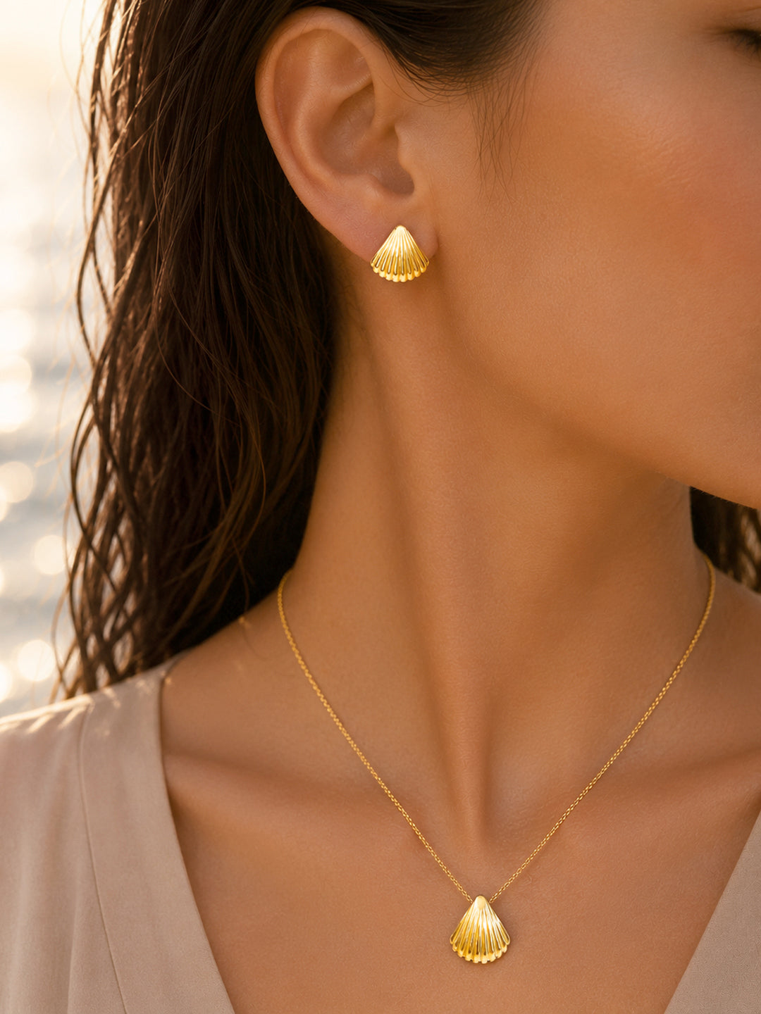Demi Fine 18K Gold Plated Stainless Steel Shell Drop Pendant Set Necklace Length - 44.5 cm