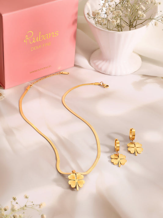 Demi Fine 18K Gold Plated Stainless Steel Floral Drop Pendant Set Necklace Length - 45.5 cm