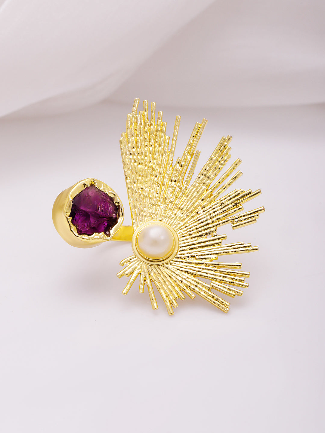 Rubans 18KT Gold-Plated Crystal Studded & Beaded Peacock Motif Ring Gold