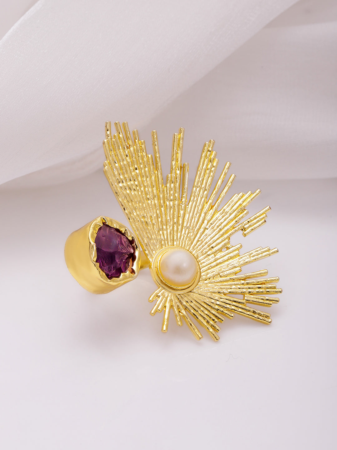 Rubans 18KT Gold-Plated Crystal Studded & Beaded Peacock Motif Ring Gold