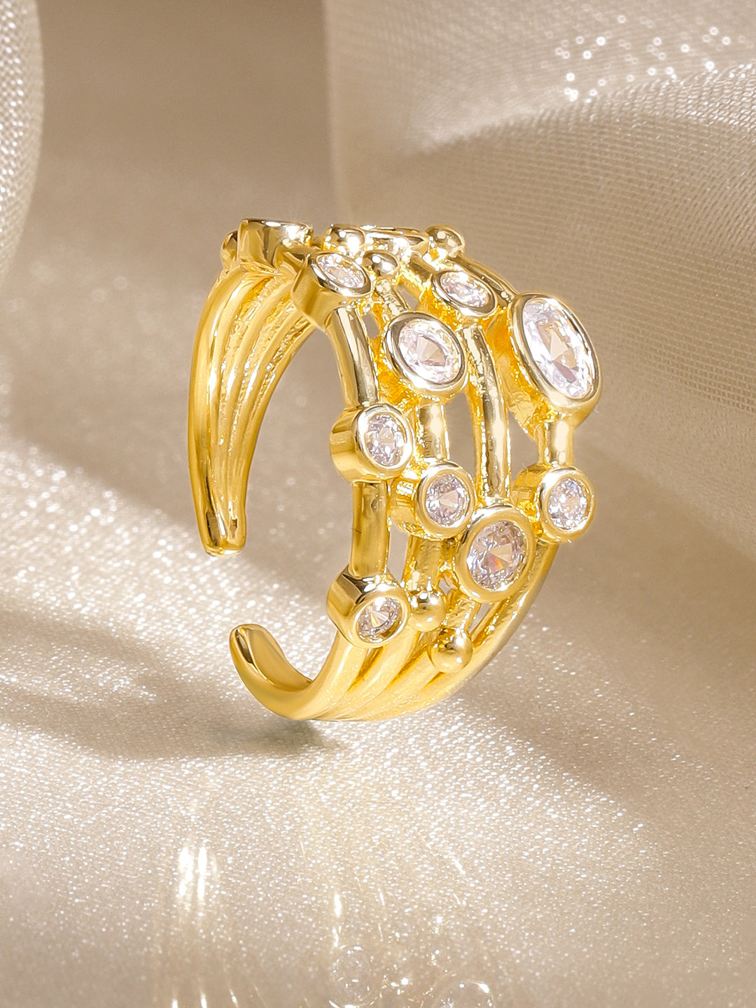【Rubans】 Gold Ring in American Diamond Zirconia｜ゴールド アメリカンダイヤモンド ジルコニア マルチバンド アジャスタブルリング