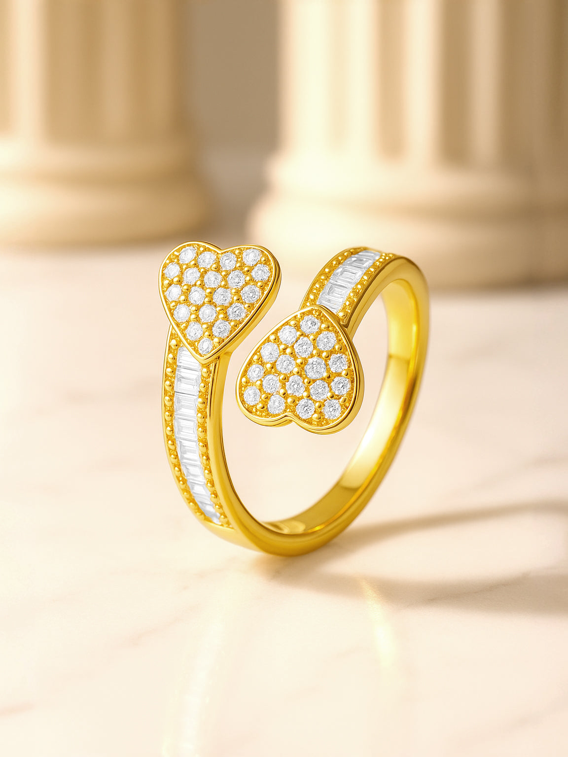 【Rubans】 18K Gold Plated Dual Heart Cubic Zirconia Adjustable Ring｜18K ゴールドメッキ ダブルハート ジルコニア リング