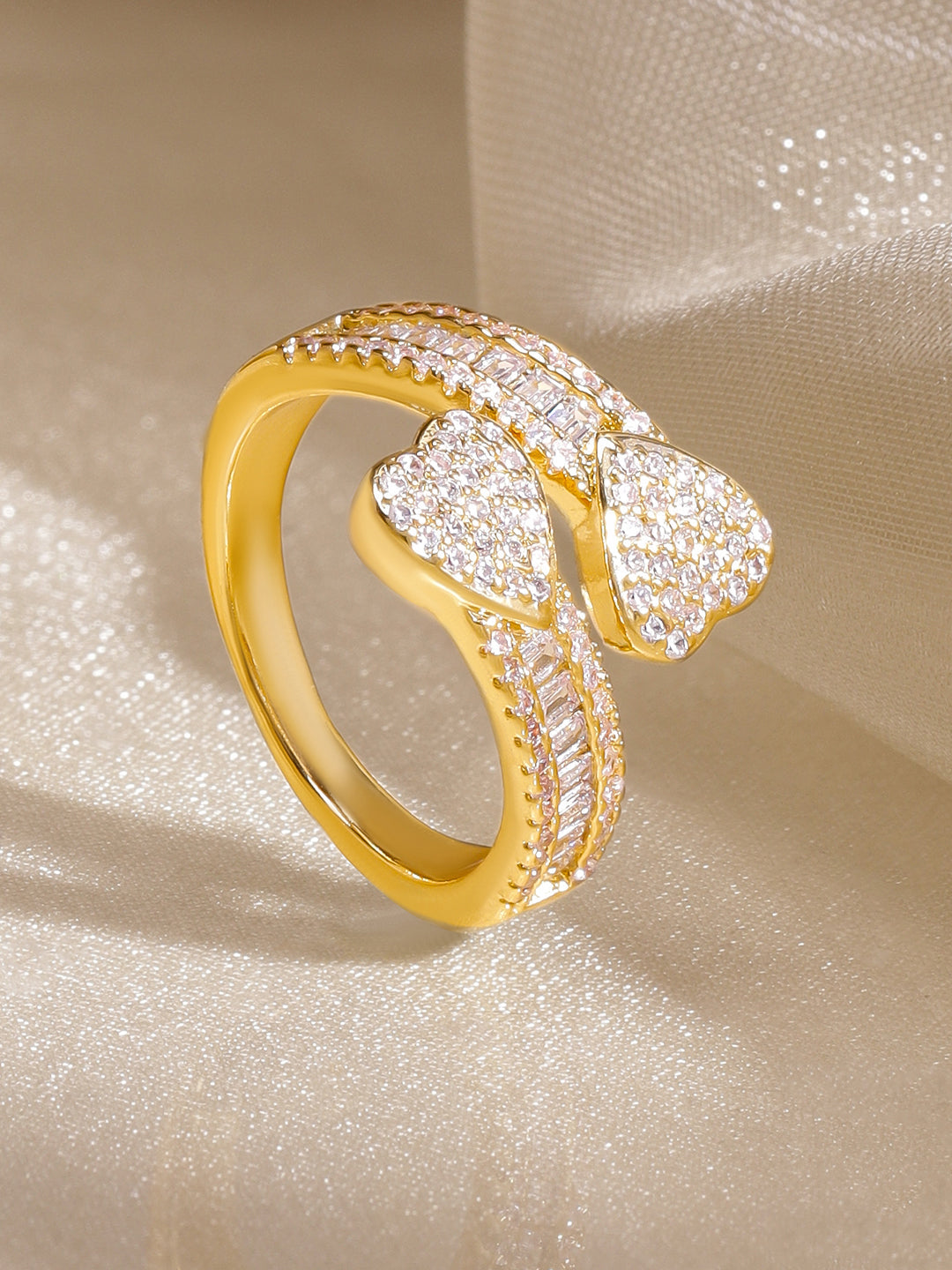 【Rubans】 18K Gold Plated Dual Heart Cubic Zirconia Adjustable Ring｜18K ゴールドメッキ ダブルハート ジルコニア リング