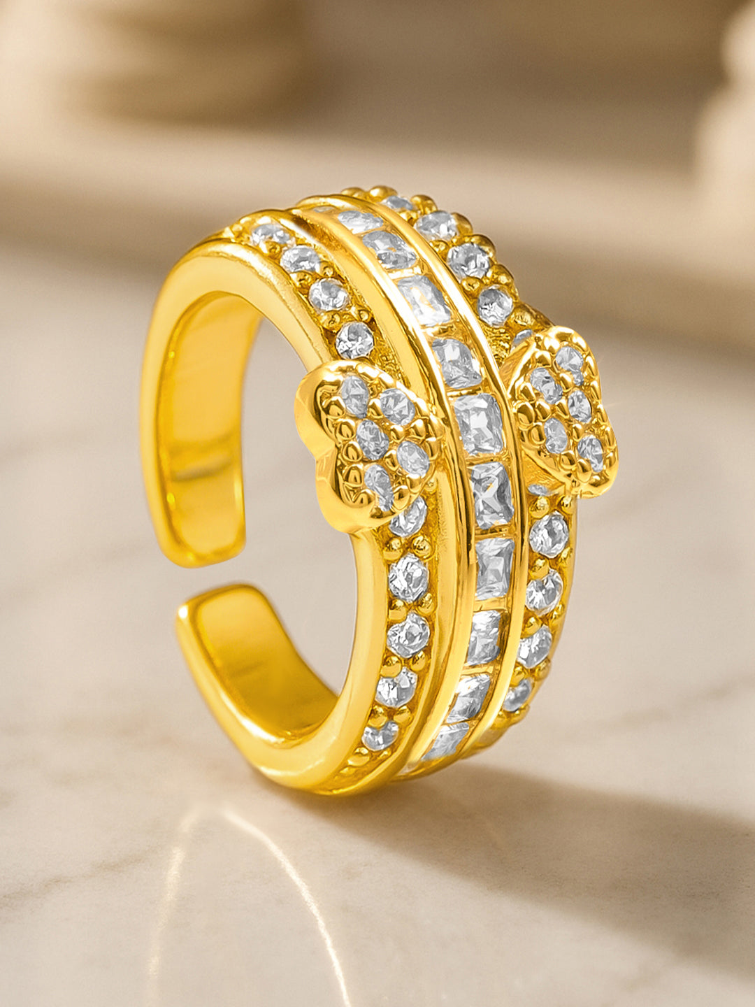 【Rubans】 American Diamond Zirconia Gold Heart Ring｜アメリカンダイヤモンド ジルコニア ゴールド ツインハート アジャスタブルリング