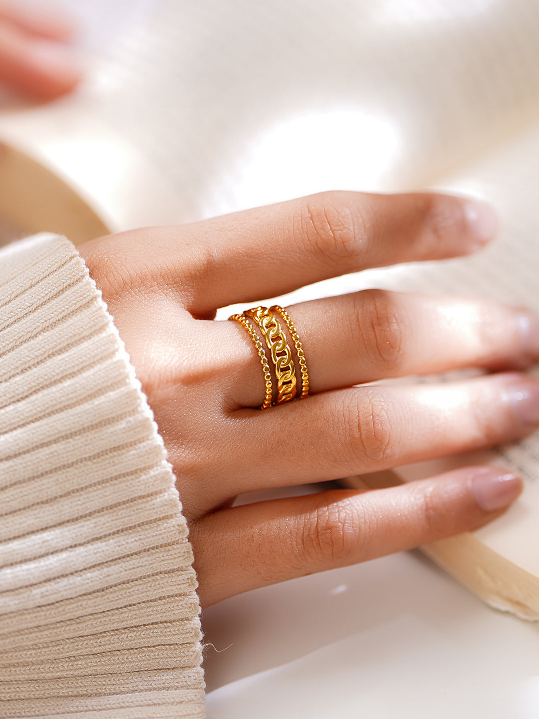 Demi Fine 18K Gold Plated Stainless steel Linked Layers Statement Ring Length - Adjustable
