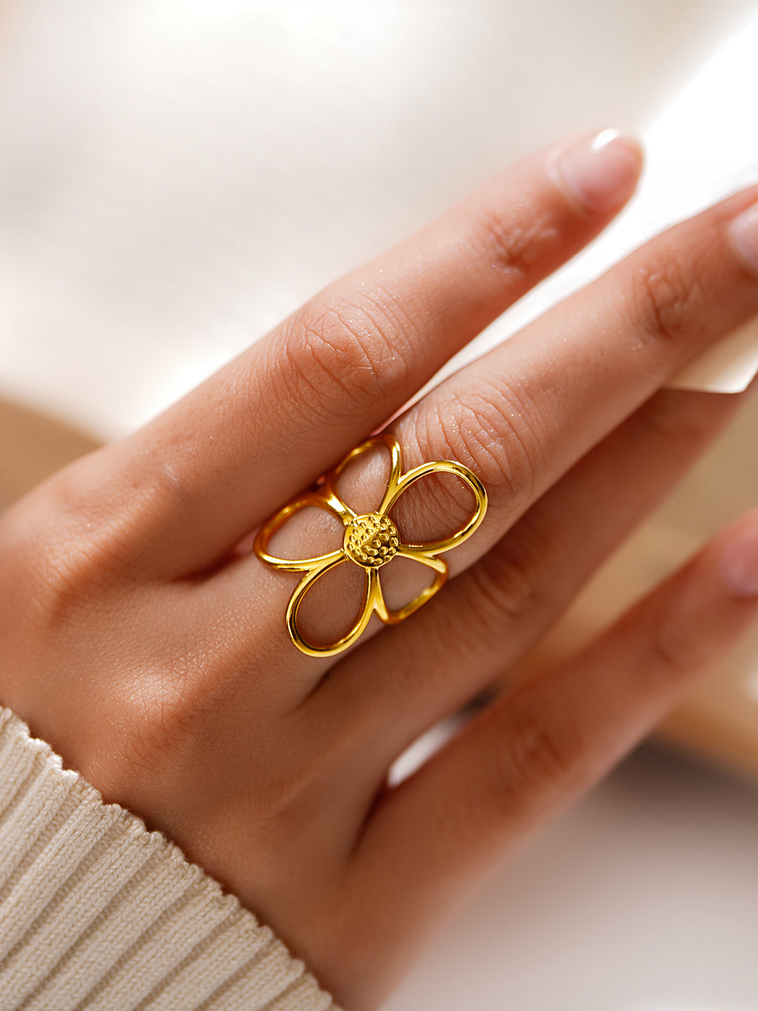 Demi Fine 18K Gold Plated Stainless steel Blooming Daisy Statement Ring Length - Adjustable