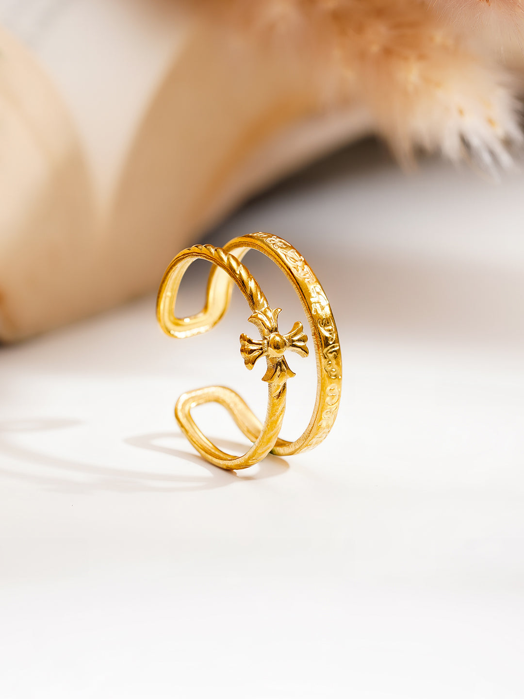 Demi Fine 18K Gold Plated Stainless steel Cross Charm Open Ring Length - Adjustable