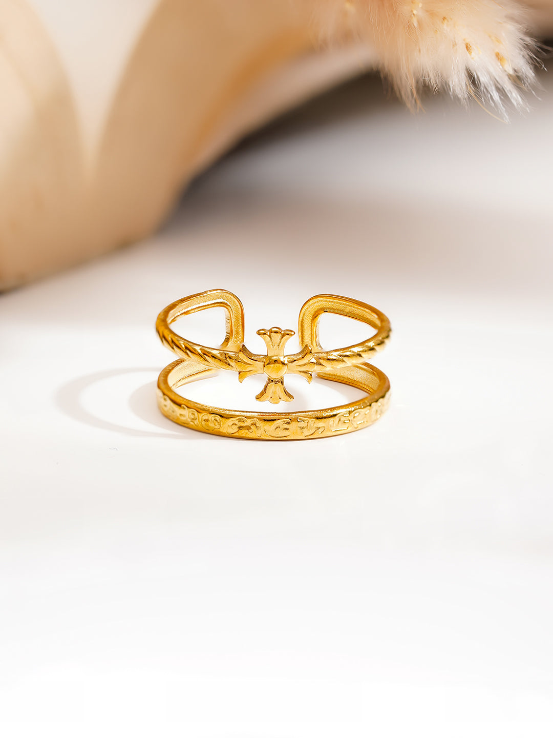 Demi Fine 18K Gold Plated Stainless steel Cross Charm Open Ring Length - Adjustable