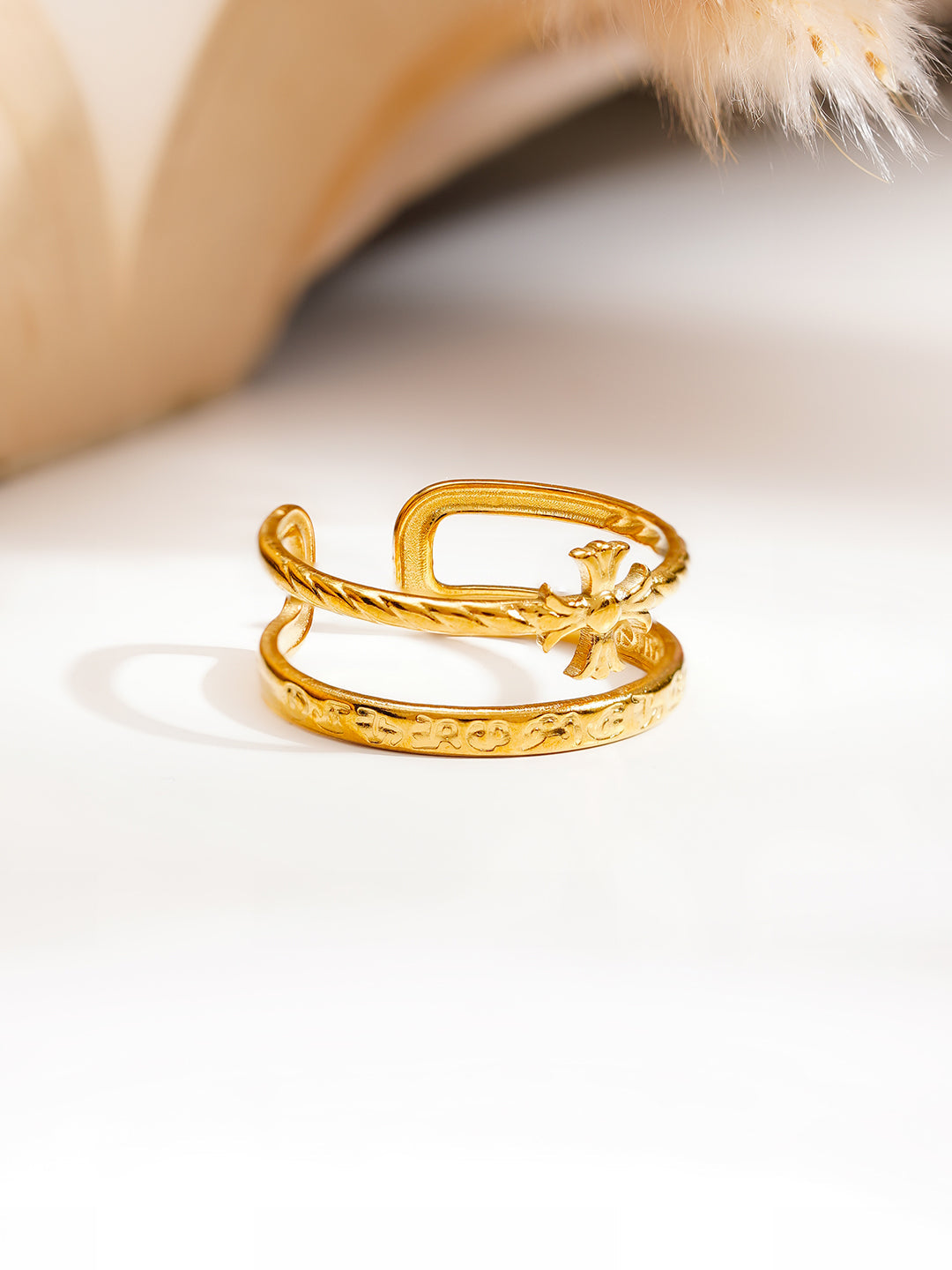 Demi Fine 18K Gold Plated Stainless steel Cross Charm Open Ring Length - Adjustable