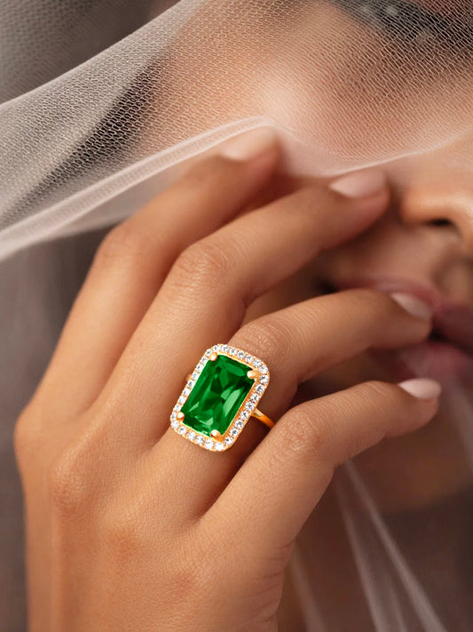 【Rubans】 18K Gold Plated Emerald Crystal Halo Adjustable Ring | Anti Tarnish｜18K ゴールドメッキ エメラルドクリスタル ヘイロー アジャスタブルリング｜フリーサイズ