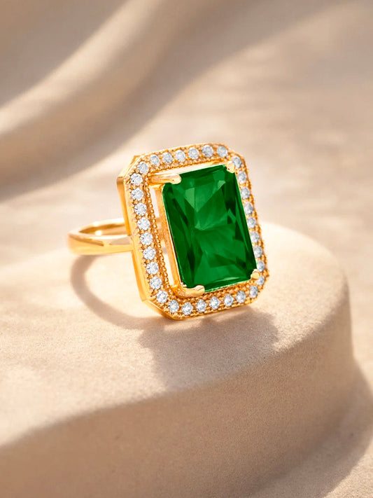 【Rubans】 18K Gold Plated Emerald Crystal Halo Adjustable Ring | Anti Tarnish｜18K ゴールドメッキ エメラルドクリスタル ヘイロー アジャスタブルリング｜フリーサイズ