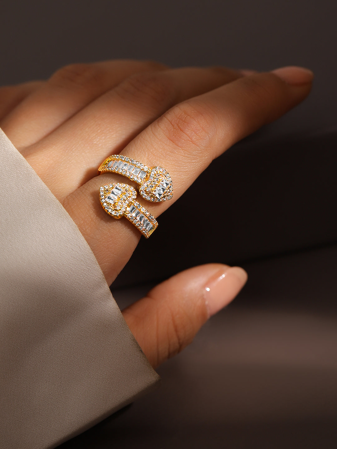 【Rubans】 18K Gold-Plated Cubic Zirconia Studded Double Buckle Adjustable Ring｜18Kゴールドメッキ キュービックジルコニア ダブルバックル アジャスタブルリング