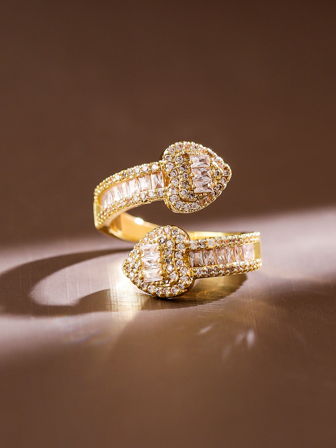 【Rubans】 18K Gold-Plated Cubic Zirconia Studded Double Buckle Adjustable Ring｜18Kゴールドメッキ キュービックジルコニア ダブルバックル アジャスタブルリング