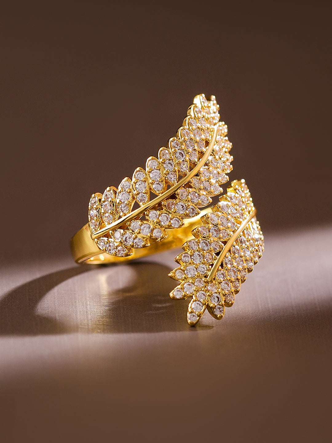 【Rubans】 American Diamond Zirconia Leaf Design Gold Ring｜18K ゴールドメッキ キュービックジルコニア リーフ アジャスタブルリング｜フリーサイズ