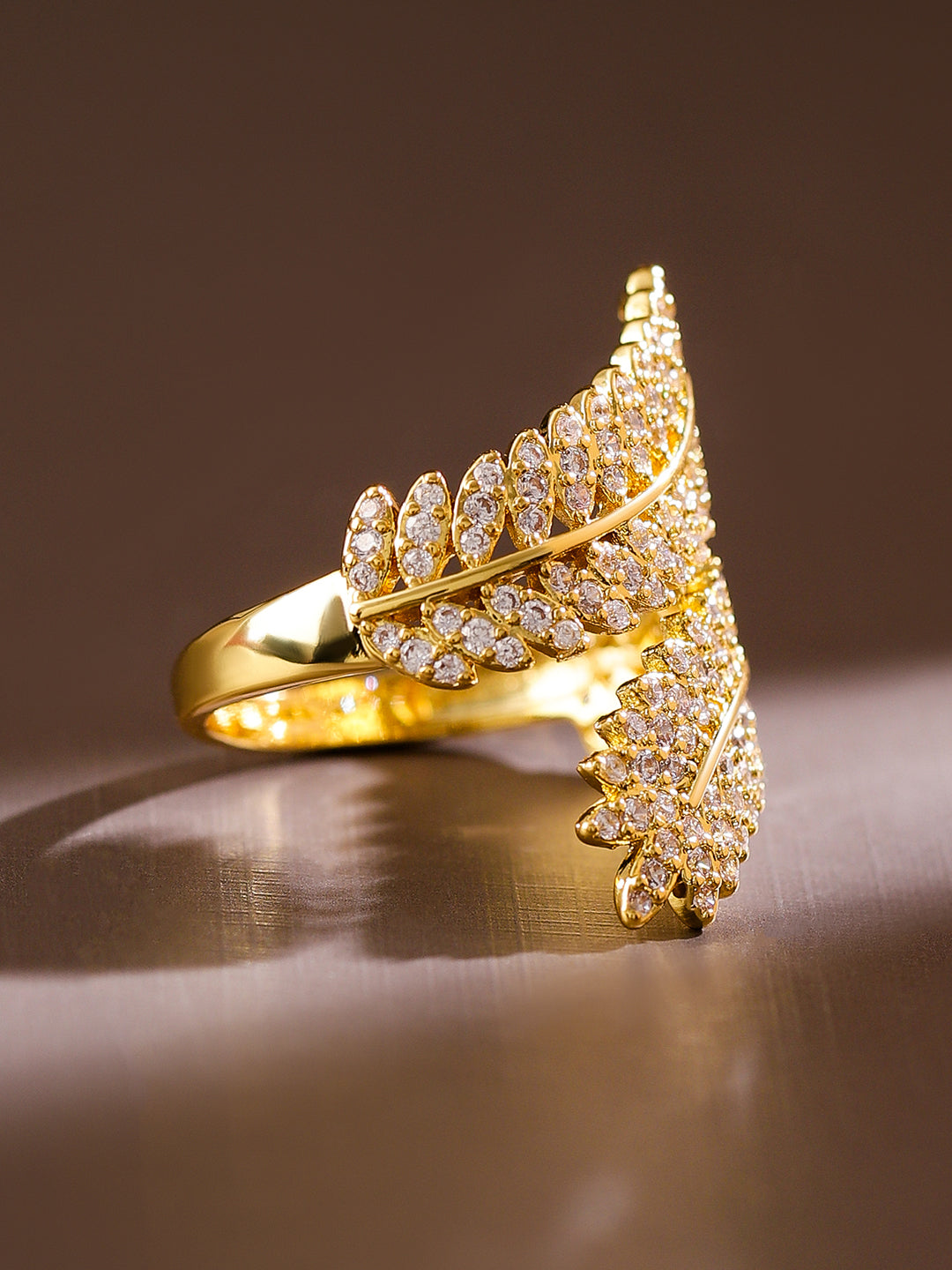 【Rubans】 American Diamond Zirconia Leaf Design Gold Ring｜18K ゴールドメッキ キュービックジルコニア リーフ アジャスタブルリング｜フリーサイズ