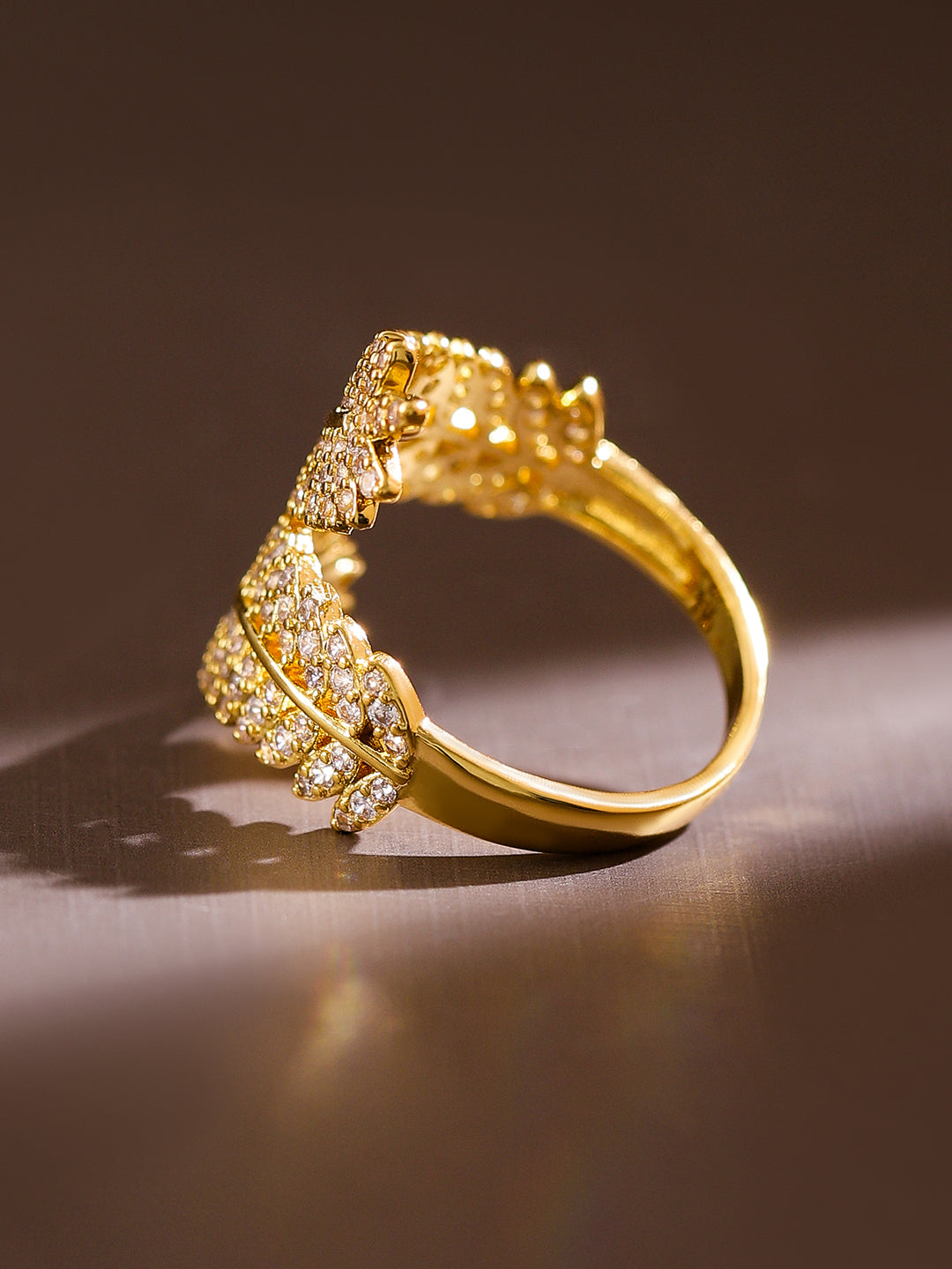 【Rubans】 American Diamond Zirconia Leaf Design Gold Ring｜18K ゴールドメッキ キュービックジルコニア リーフ アジャスタブルリング｜フリーサイズ
