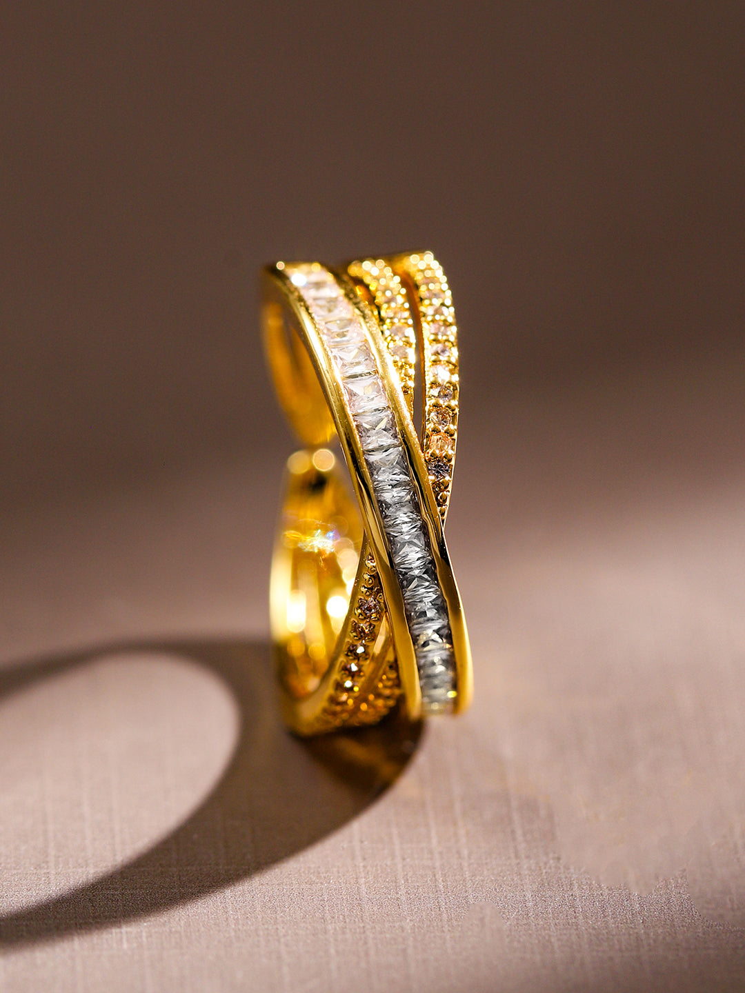 Gold Criss-Cross American Diamond Zirconia Ring Gold