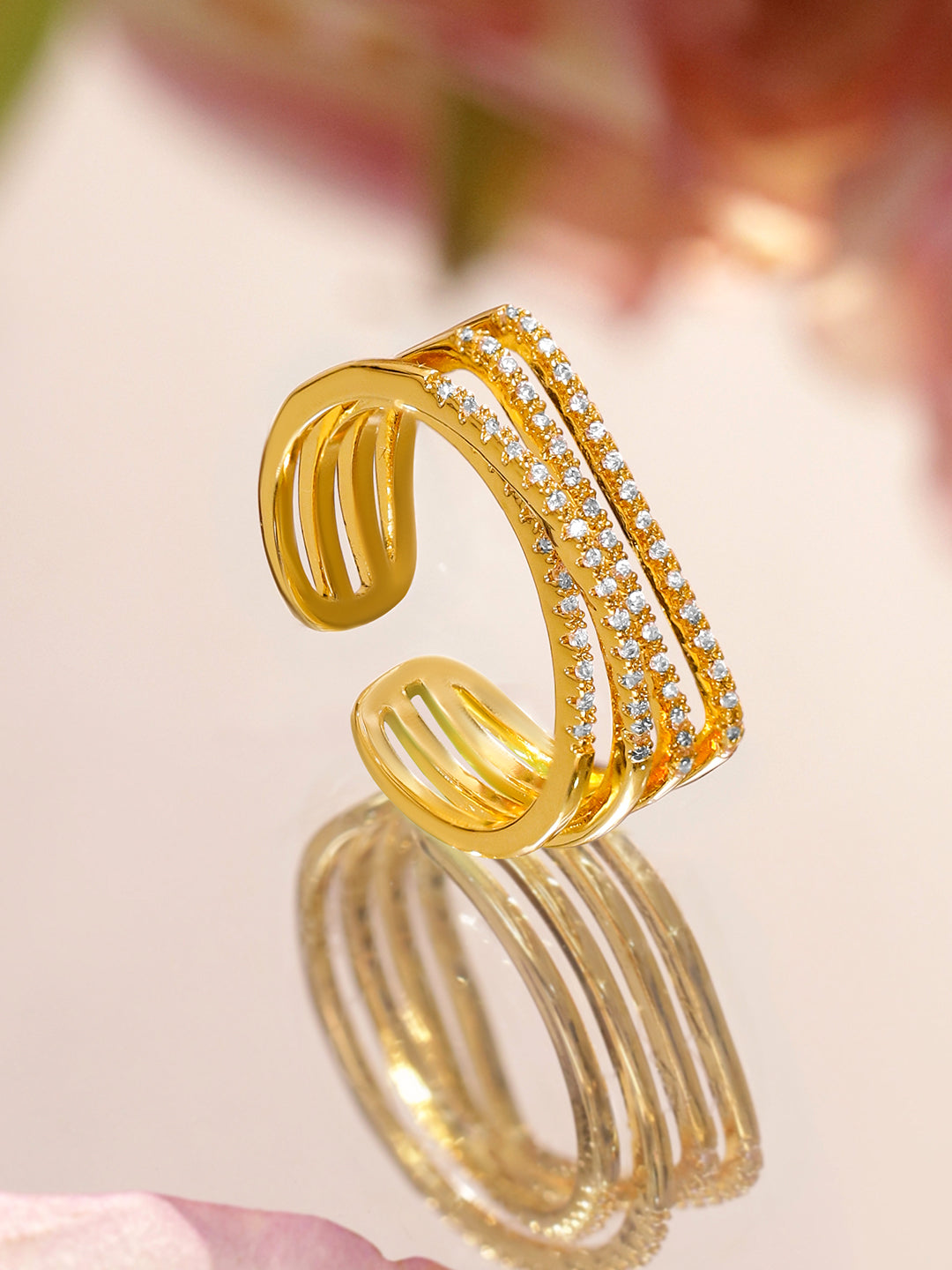 American Diamond Zirconia Multi-Layered Gold Ring フリーサイズ