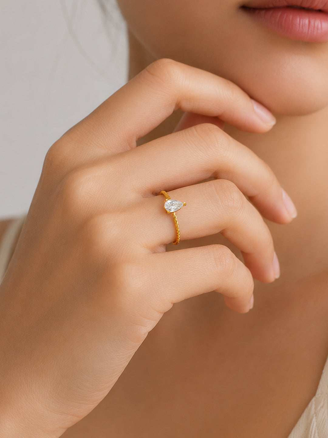 Demi Fine 18K Gold Plated Stainless steel Rope Pear Crystal Ring Length - 2 cm