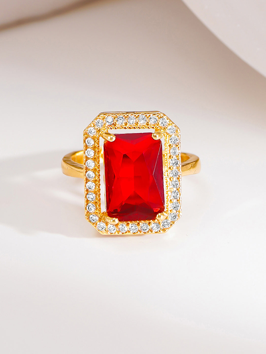 【Rubans】 18K Gold Plated Ruby Crystal Halo Adjustable Ring | Anti Tarnish｜18K ゴールドメッキ ルビークリスタル ヘイロー アジャスタブルリング｜フリーサイズ