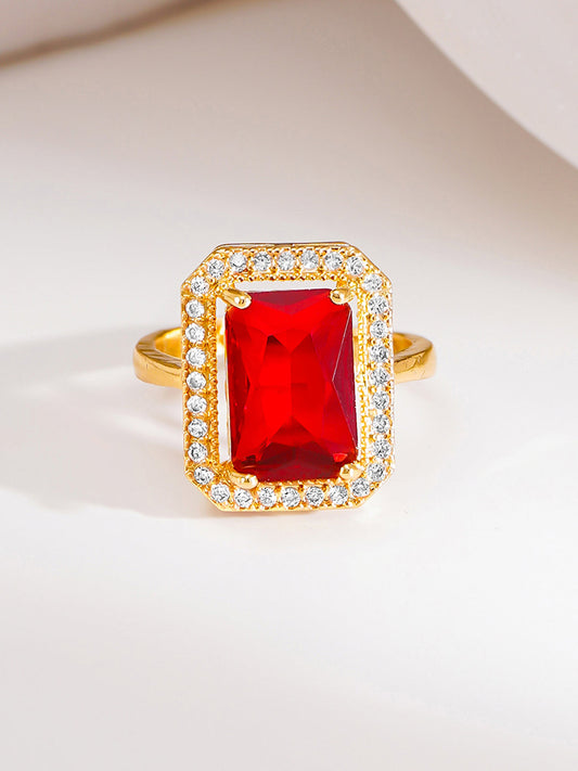 【Rubans】 18K Gold Plated Ruby Crystal Halo Adjustable Ring | Anti Tarnish｜18K ゴールドメッキ ルビークリスタル ヘイロー アジャスタブルリング｜フリーサイズ