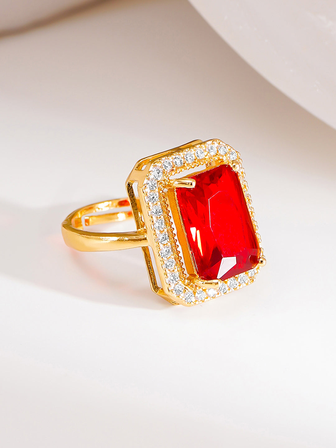 【Rubans】 18K Gold Plated Ruby Crystal Halo Adjustable Ring | Anti Tarnish｜18K ゴールドメッキ ルビークリスタル ヘイロー アジャスタブルリング｜フリーサイズ