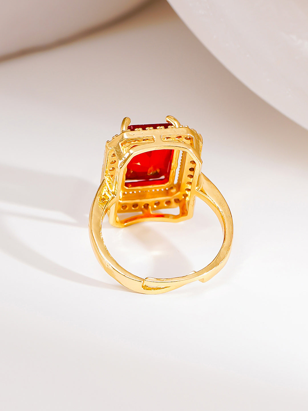 【Rubans】 18K Gold Plated Ruby Crystal Halo Adjustable Ring | Anti Tarnish｜18K ゴールドメッキ ルビークリスタル ヘイロー アジャスタブルリング｜フリーサイズ