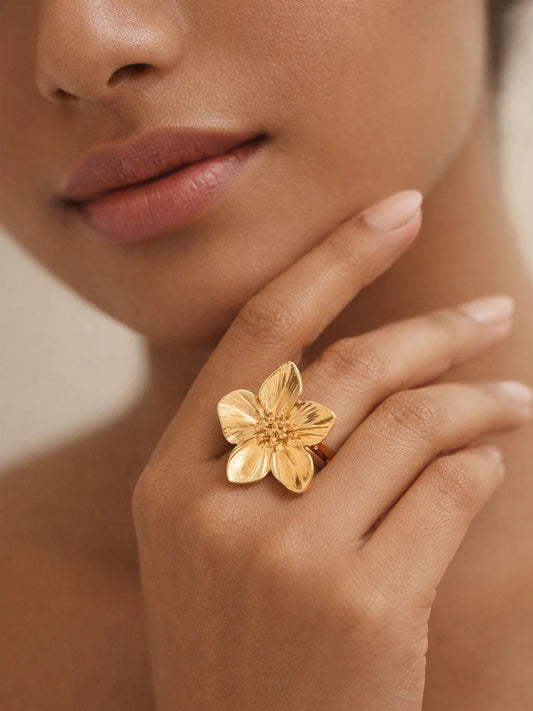 Demi Fine 18K Gold Plated Stainless steel Petal Floral Motif Adjustable Ring Length - 3 cm