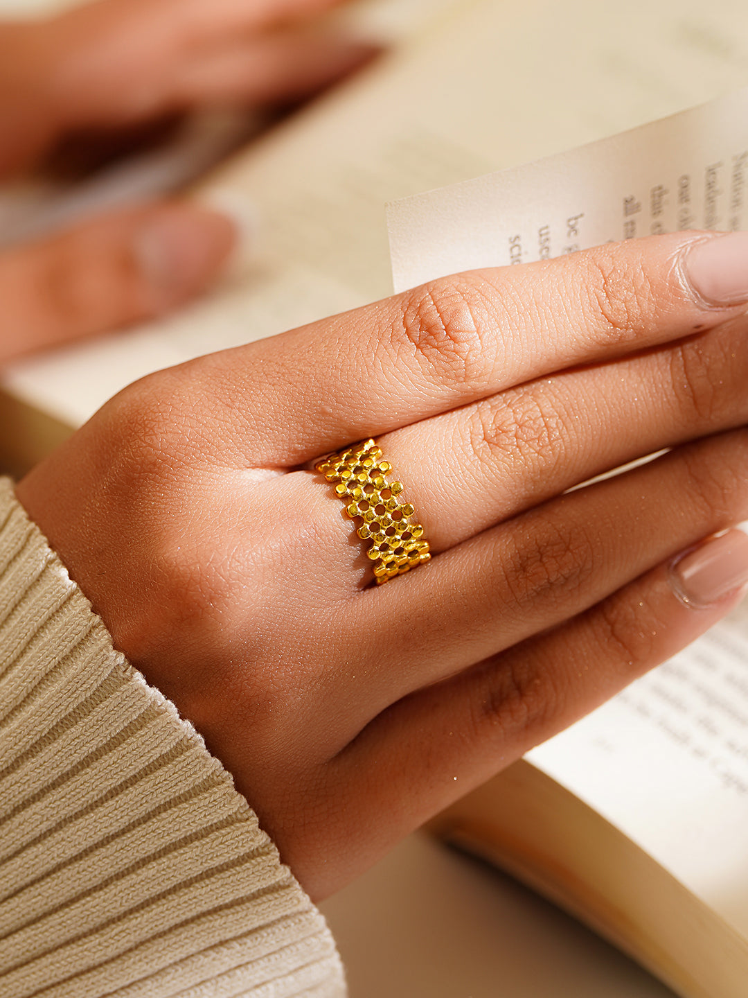 Demi Fine 18K Gold Plated Stainless Steel Honeycomb Open Ring フリーサイズ