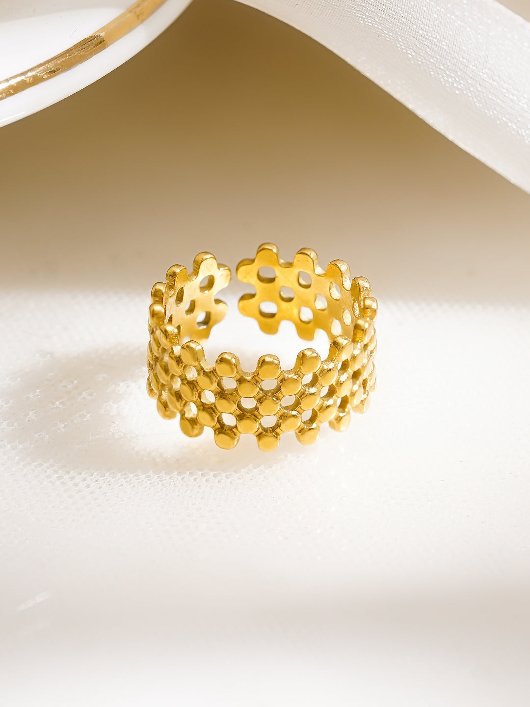 Demi Fine 18K Gold Plated Stainless Steel Honeycomb Open Ring フリーサイズ