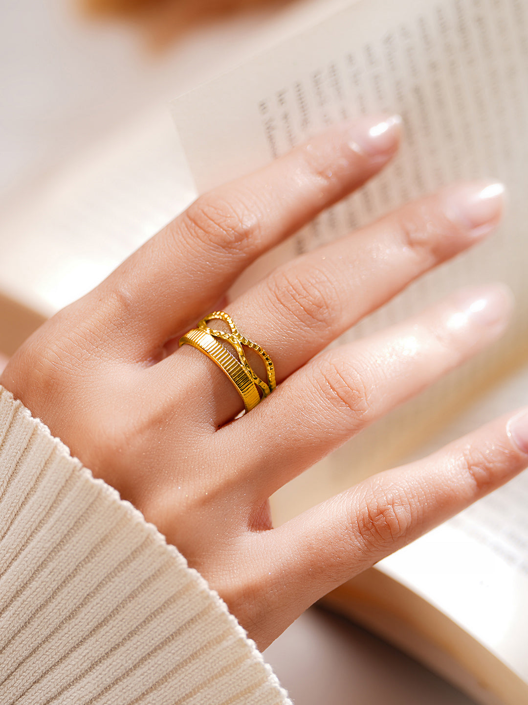 Demi Fine 18K Gold Plated Stainless steel Crossroads Texture Statement Ring Length - 2 cm