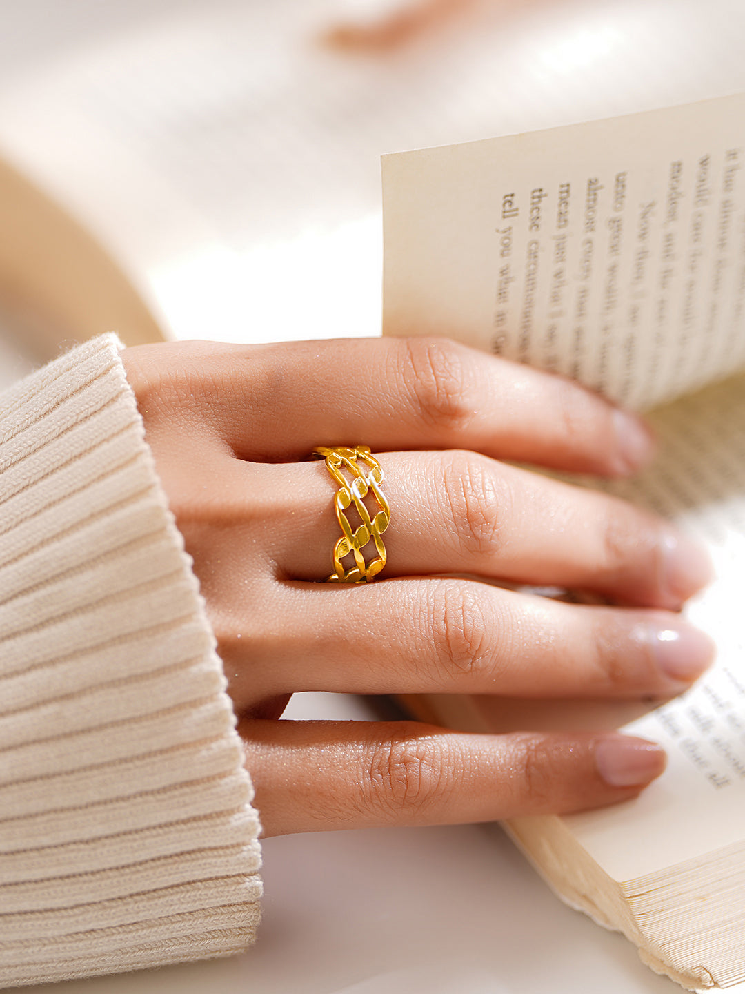 Demi Fine 18K Gold Plated Stainless steel Woven Link Statement Ring Length - Adjustable