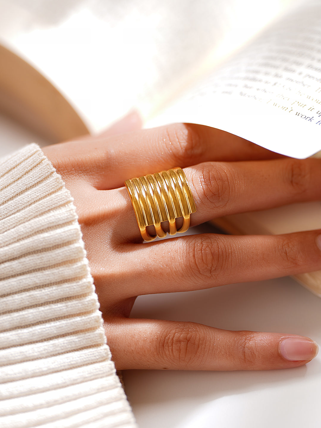 Demi Fine 18K Gold Plated Stainless steel Multi Layer Statement Open Ring Length - Regular