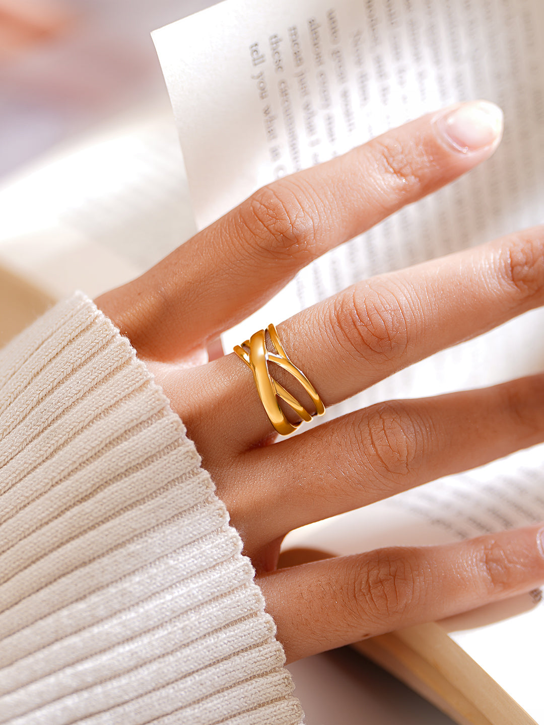 Demi Fine 18K Gold Plated Stainless steel Criss Cross Statement Open Ring Length - Adjustable
