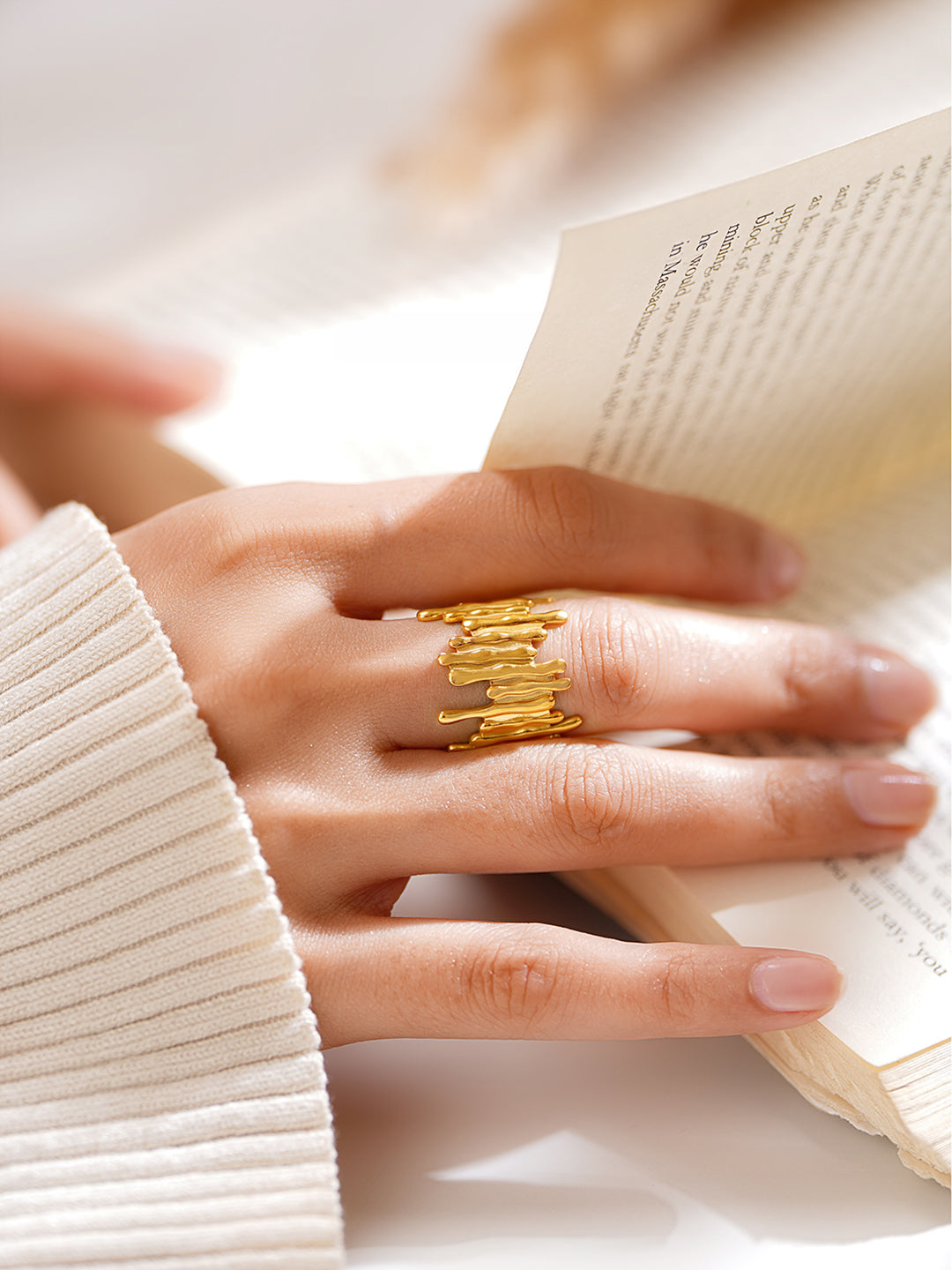 Demi Fine 18K Gold Plated Stainless steel Textured Statement Band Ring Length - Adjustable