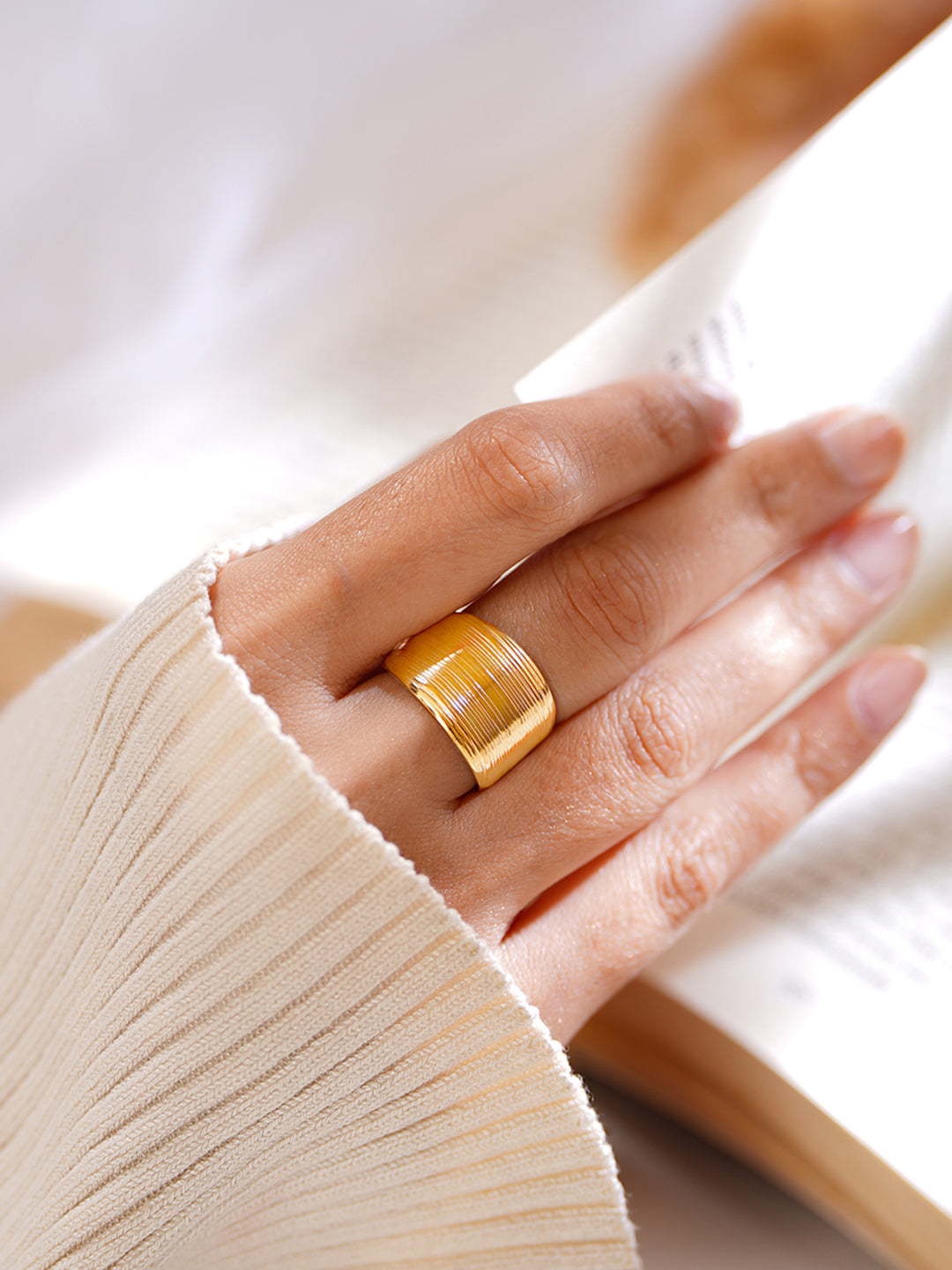 Demi Fine 18K Gold Plated Stainless steel Bold Ribbed Statement Ring Length - Adjustable