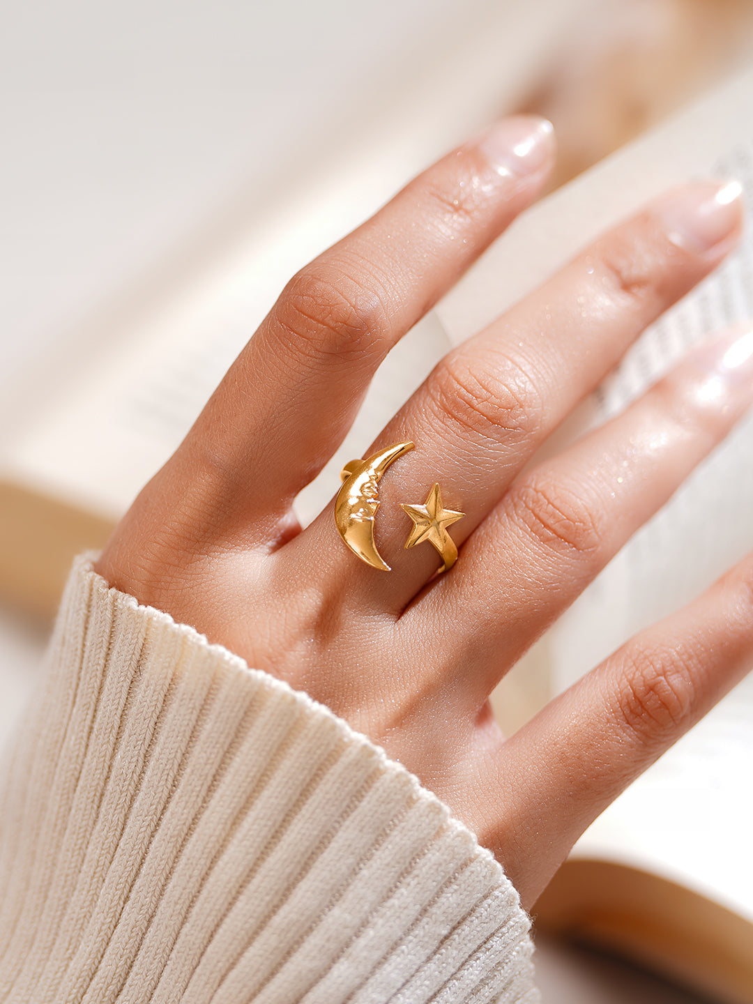 Demi Fine 18K Gold Plated Stainless steel Celestial Moon Star Open Ring Length - Adjustable