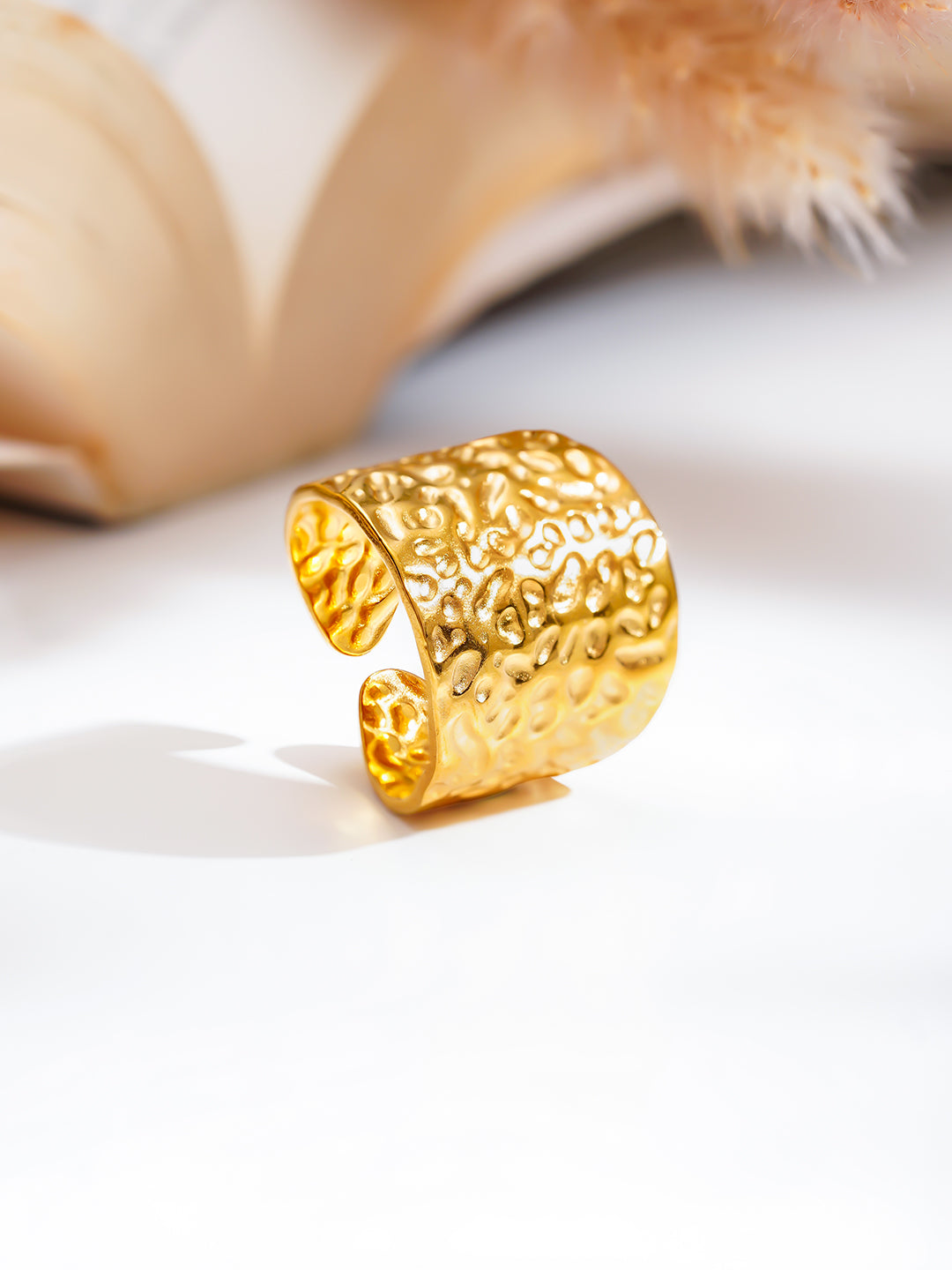 Demi Fine 18K Gold Plated Stainless steel Hammered Wide Band Ring Length - Adjustable