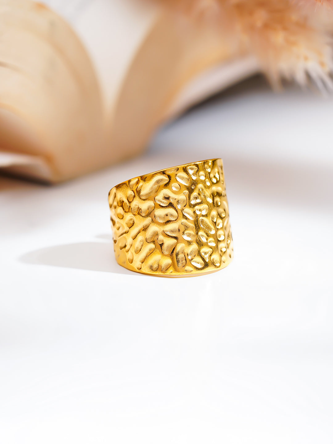 Demi Fine 18K Gold Plated Stainless steel Hammered Wide Band Ring Length - Adjustable
