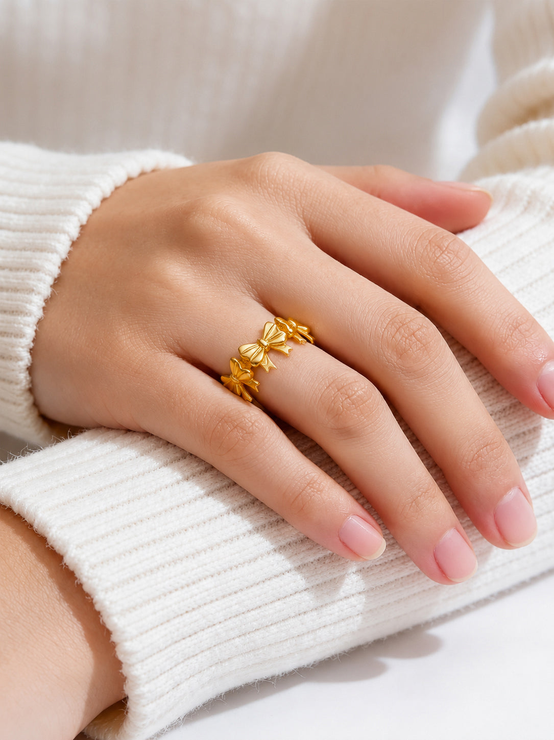 Demi Fine 18K Gold Plated Stainless steel Multi Bow Charm Adjustable Ring フリーサイズ