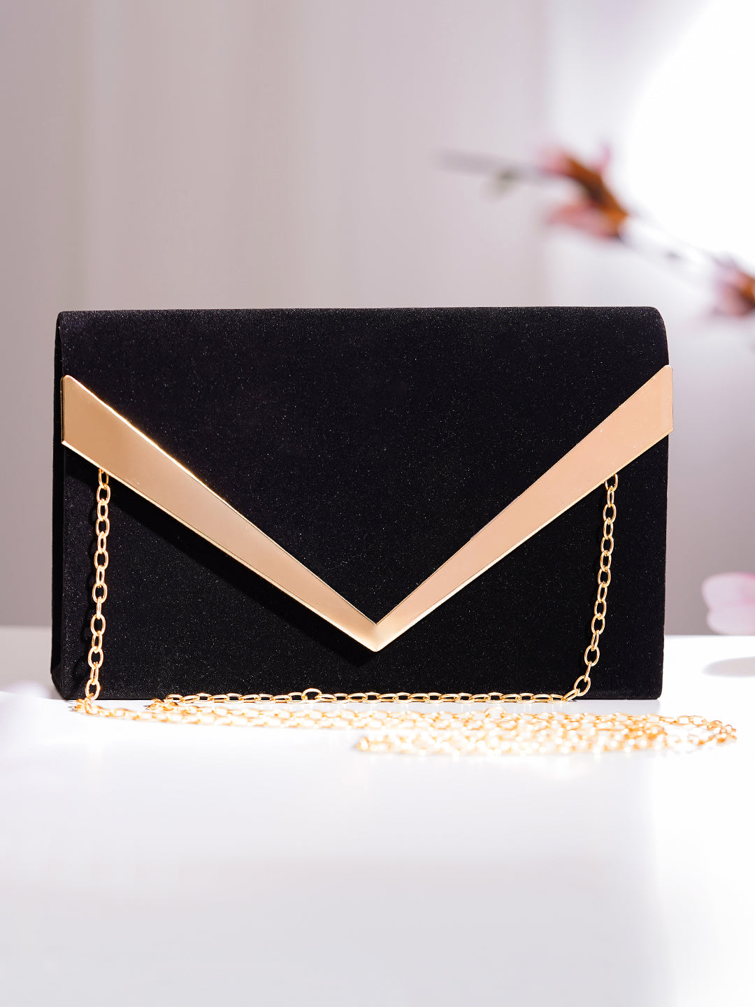 【Rubans】 Black Metallic Envelope Clutch Handbag｜ブラックメタリック エンベロープ クラッチバッグ